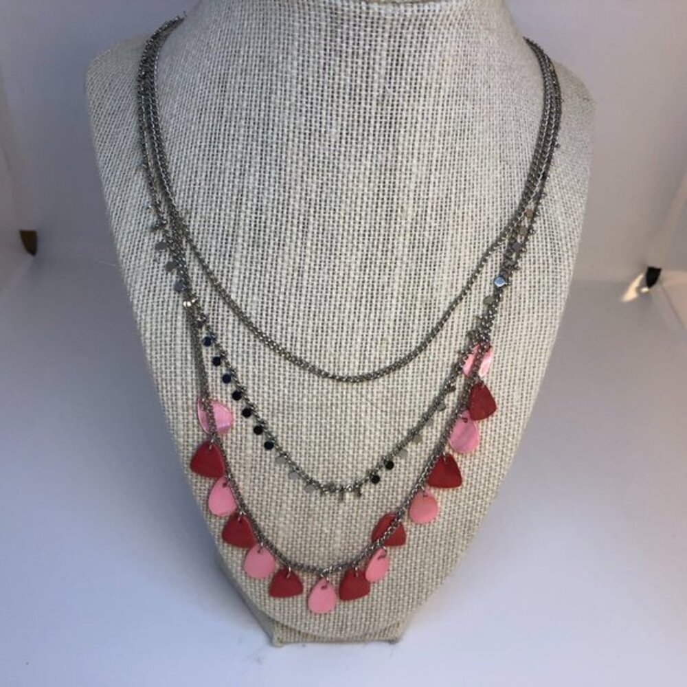 Pink Tear Drop Chain Necklace Tri-strand Silver Tone Chain Jewelry Tiered